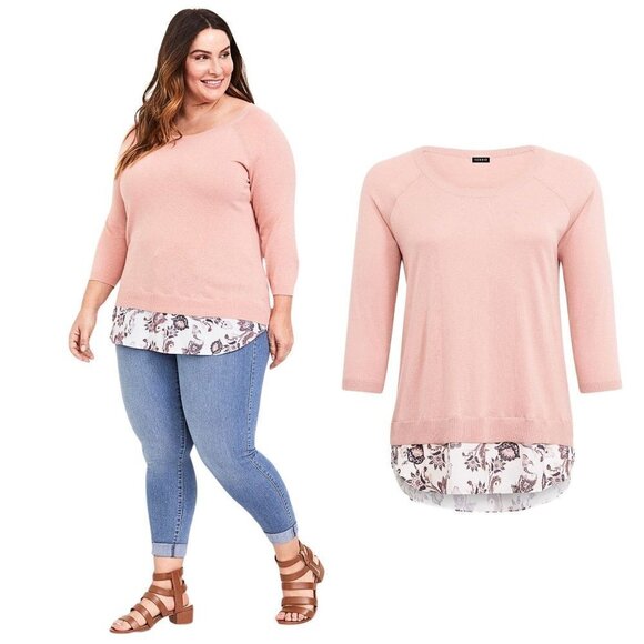 TORRID Peach Pink Raglan 2fer Sweater w/ Paisley Underhem Boatneck Size 4 - Picture 2 of 8